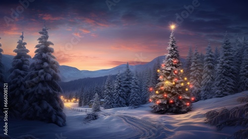 Fantasy winter landscape with Christmas tree at sunset. © vlntn