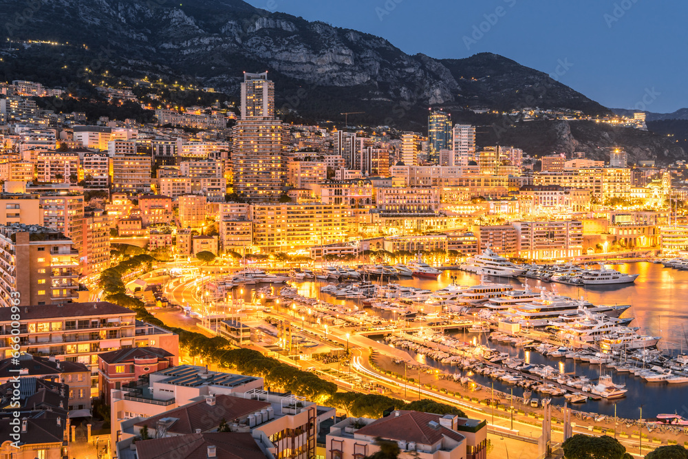 Scenic view of city lights by night fall in Monte Carlo in Monaco city
