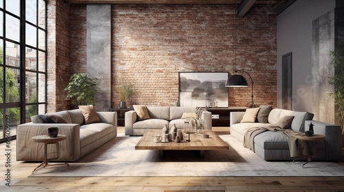 Minimalist loft interior with large living room, sofa with pillows, coffee table, design in architecture