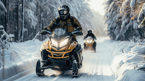 a man on a snowmobile rushes along a white snowy road in a winter forest, transport, sports, north, hobby, motorcycles, tourism, driver, speed, snow scooter, extreme, driving, headlights © Julia Zarubina