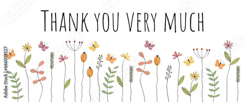 Thank you very much - Schriftzug in englischer Sprache - Vielen Dank. Dankeskarte mit liebevoll gezeichneten Blumen und Schmetterlingen.