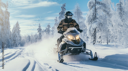 a man on a snowmobile rushes along a white snowy road in a winter forest  transport  sports  north  hobby  motorcycles  tourism  driver  speed  snow scooter  extreme  driving  headlights