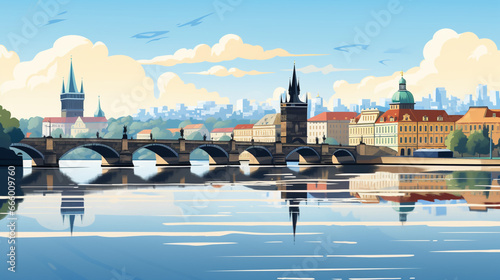 vector illustration, vector illustration of Prague, world famous Charles bridge in the capital city of the Czech republic. Typical view with the Charles bridge over the river characteristic buildings  photo