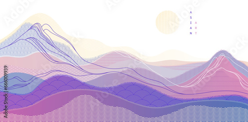 Oriental Japanese style vector abstract illustration, background in Asian traditional style, wavy shapes and mountains terrain, runny like sea lines.