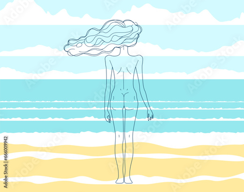 Beautiful slim skinny girl outline stands at the seashore beach back and watches the ocean or sea resting in calm, vector illustrations of summer vacations laze beautiful seascape.