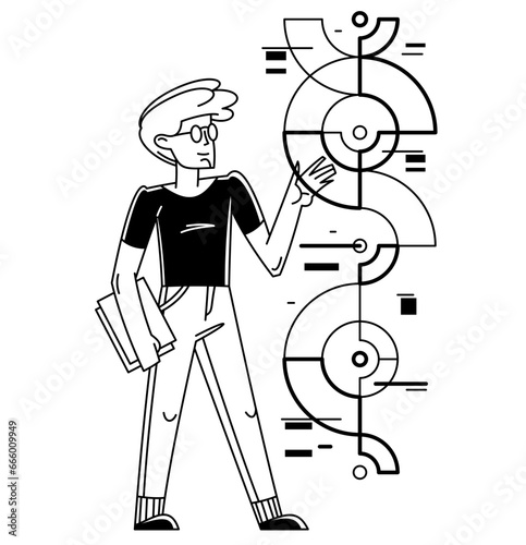 Creative worker doing some job and creating some system, inspired inventive designer or engineer composing abstract elements, vector outline illustration.