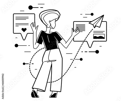Online consultant working in support center helping and giving advices to customers, vector outline illustration, text messages in a messenger.