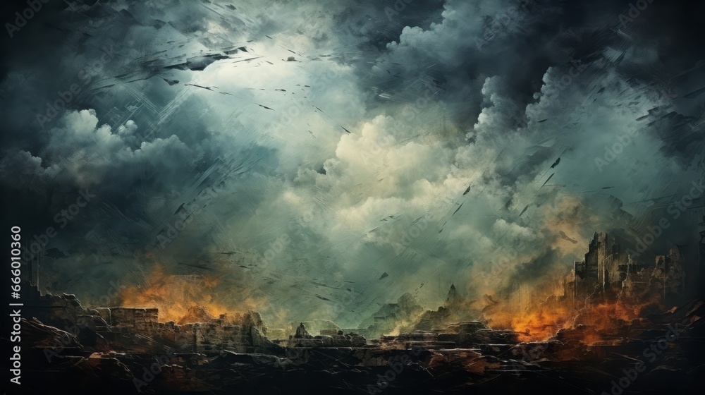 Fototapeta premium A fiery city engulfed in smoke and clouds, the sky polluted with nature's wrath as the heat blazes on, leaving the outdoors in a wild and chaotic state