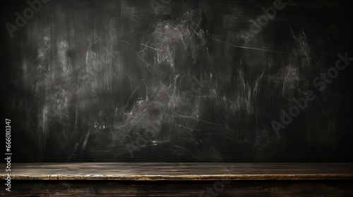 A mysterious, chalk-dusted blackboard commands attention on a rustic wooden table, beckoning with endless possibilities and the allure of hidden knowledge photo