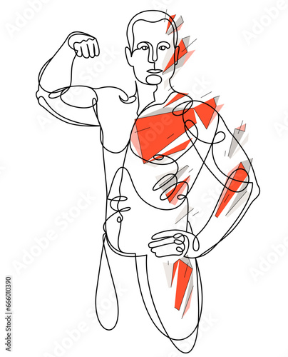 Linear drawing of a perfect body fit model man posing vector illustration isolated, muscular macho sexy guy with naked torso topless.