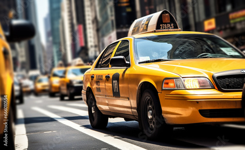 Yellow cab speeds through Times Square in New York