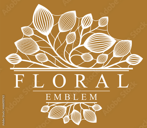 Vector floral emblem on dark background, leaves and branches linear logo, luxury classic style elegant badge, boutique or hotel logotype.