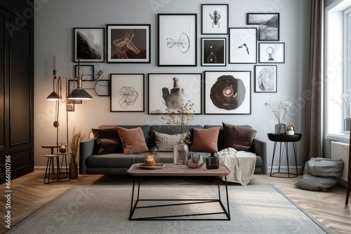 Contemporary home. Wall frame display in a Scandinavian-bohemian living area with a dark sofa  table  framed sketches  stylish lights  and decor. Generative AI