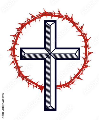Christian cross with blackthorn thorn vector religion logo or tattoo, passion of the Christ.
