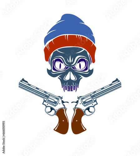Skull and two handguns vector emblem or logo isolated on white, vintage style coat of arms crest, weapons, army force or gang sign.