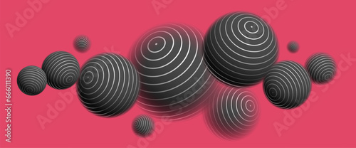 Blurred spheres over red vector abstract background, defocused balls levitating wallpaper.
