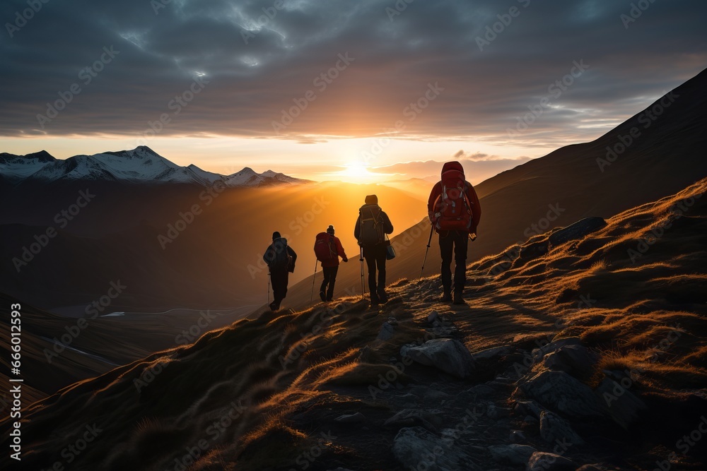 A captivating scene of a group of hikers  explorers embarking on a sunrise mountain hike, the rays of light illuminating their path, adventure concept.