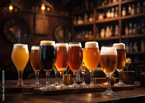 Selection of various glasses with craft beer on pub table with various bottles background.Macro.AI Generative.