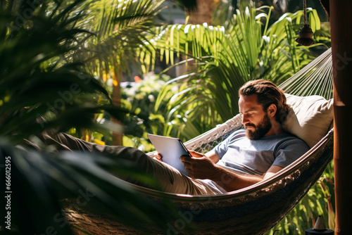A freelancer working from a comfortable hammock in a lush garden, concept of remote work © Mikhail