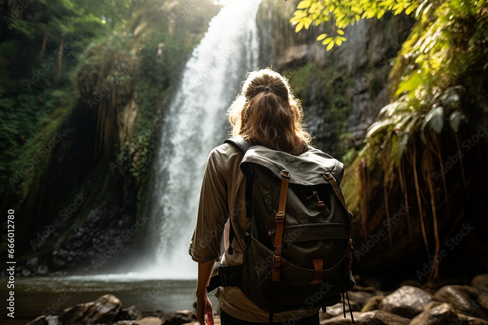 Rear view on a hiker with backpack marveling at a beautiful  hidden waterfall. The unexpected beauty of the great outdoors, discovery concept