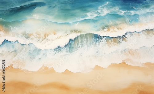 Aerial top bird eye view beach by watercolor brush painting in brown sand blue sea wave for backgrounds.