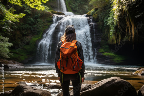 Rear view on a hiker with backpack marveling at a beautiful hidden waterfall. The unexpected beauty of the great outdoors, discovery concept