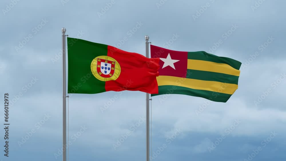 Togo, Togolese Republic and Portugal flag waving together on cloudy sky, endless seamless loop, two country cooperation concept