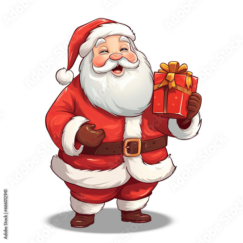 Illustration of a happy, joyful Santa Claus with a sack of gifts, cartoon style, on transparent background