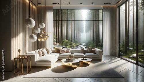 A luxurious modern living room, depicted in photorealistic digital photography, sits within a villa nestled in the forest © Andreas