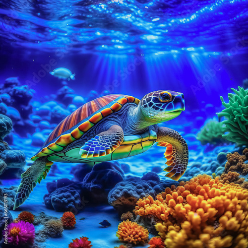 Underwater panorama of a bright tropical reef with a turtle © abrilla
