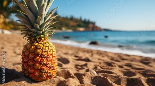 Fresh pineapple with a background on beach sand photo