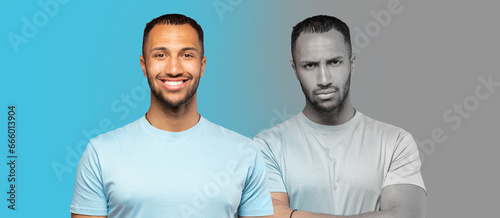 Glad, unhappy millennial arab man suffer from depression, stress