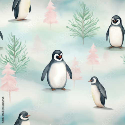 Cute Penguins in the Winter Scene Seamless Pattern