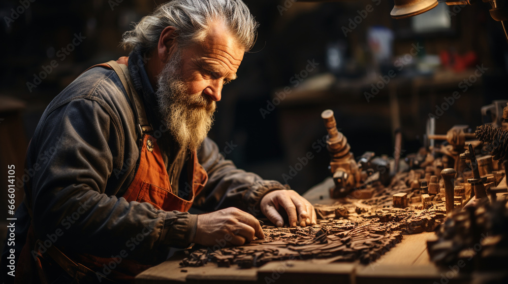 Close-up of a skilled carpenter's hands carving intricate details into a wooden masterpiece