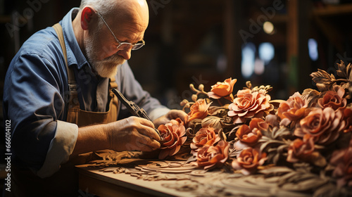 Close-up of a skilled carpenter's hands carving intricate details into a wooden masterpiece