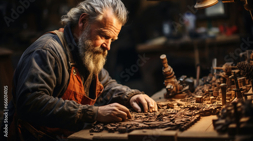 Close-up of a skilled carpenter's hands carving intricate details into a wooden masterpiece