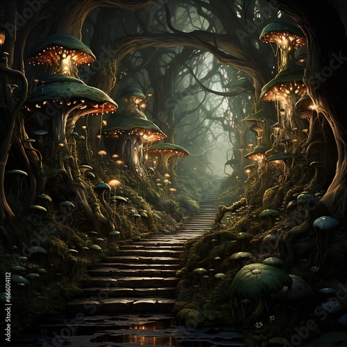 Fantasy landscape with magic mushrooms in the forest.