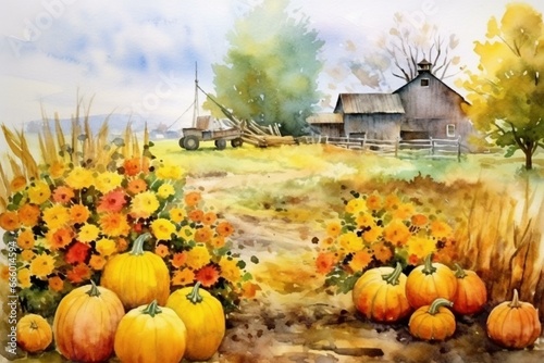 Watercolor autumn harvest scene with pumpkin, yellow flowers, fall decor, Thanksgiving, farmhouse still life. Generative AI