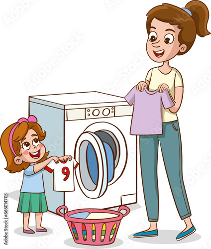 Illustration of a Little Girl with Clothes in a Washing Machine. Parents children cleaning house. Happy daughter and mother with t-shirt near wash mashine vector illustration