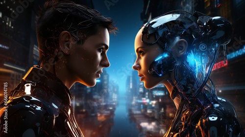 Female android portrait of artificial intelligence avatar. Wires and tech pieces on cyborg head. Generative AI.