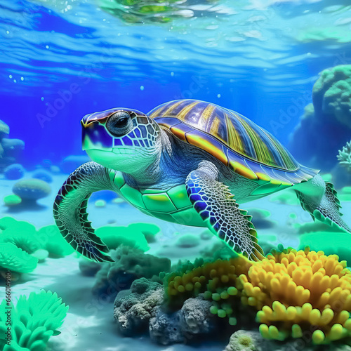 Underwater panorama of a bright tropical reef with a turtle © abrilla