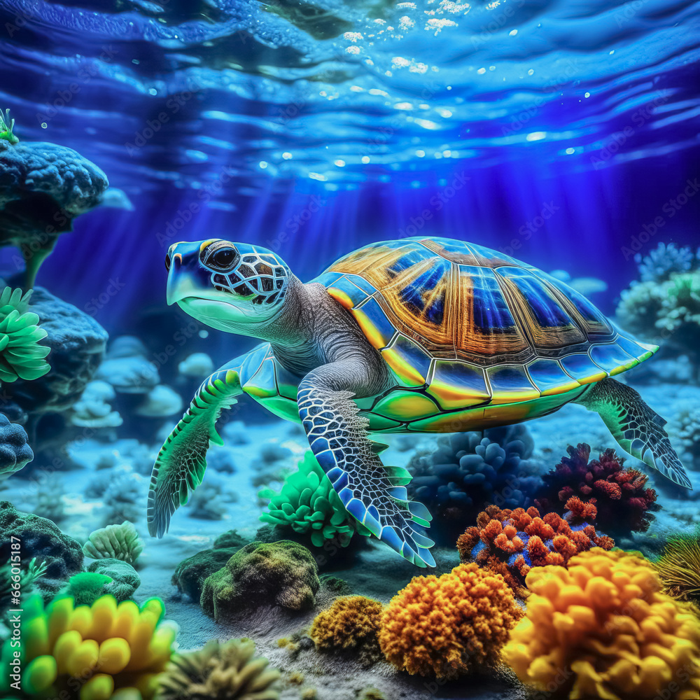 Underwater panorama of a bright tropical reef with a turtle