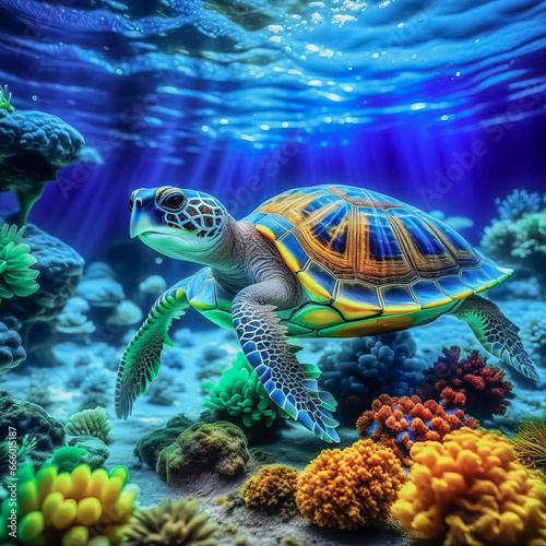 Underwater panorama of a bright tropical reef with a turtle