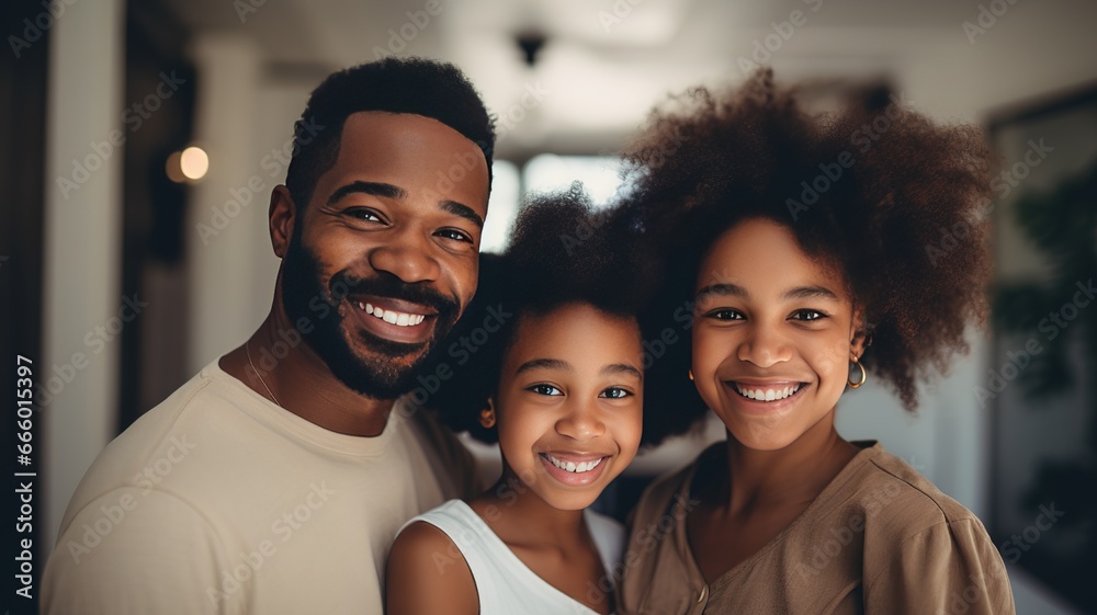 Happy smiling african american family with children posing together at home in living room