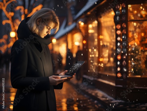 A woman reading a text message on her phone at an evening holiday market stall during the festive season, capturing the ambiance of the holiday spirit.