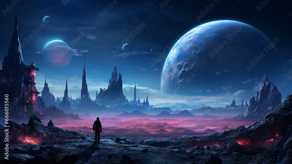 Fototapeta premium Fantasy landscape with fantasy planet and futuristic city. 3d rendering