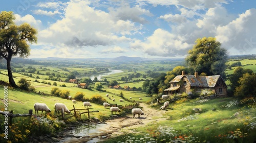 Digital painting of a village with sheep grazing in the meadow.