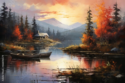 Fantasy landscape with a lake and a boat on the shore at sunset