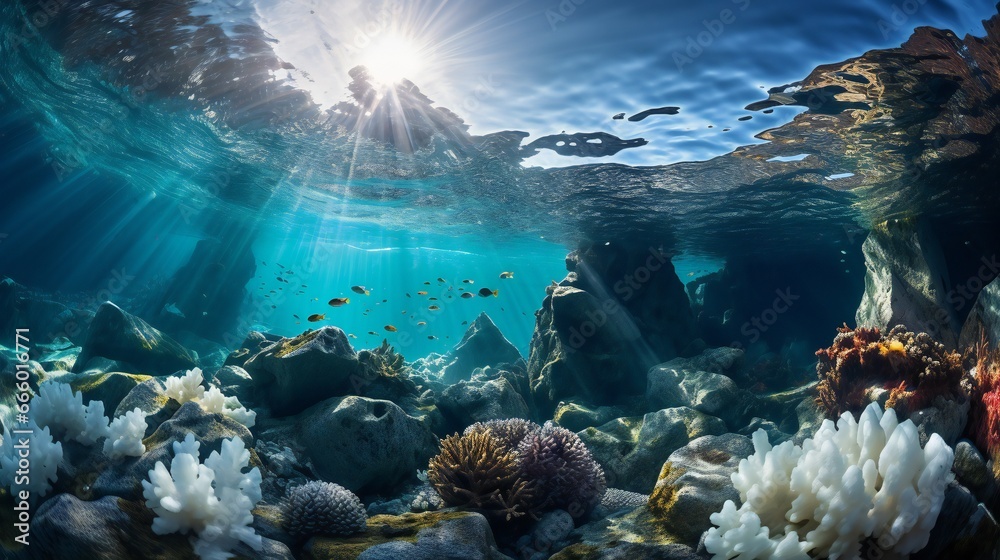 Underwater view of the coral reef with fishes and rays of light