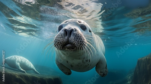 seal swimming underwater in the ocean. 3d render illustration. © Pamarac